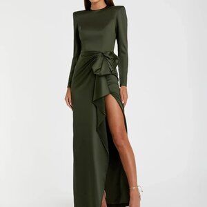Leena Dark Green Long Sleeve Satin Structured Bow Draped Column Gown